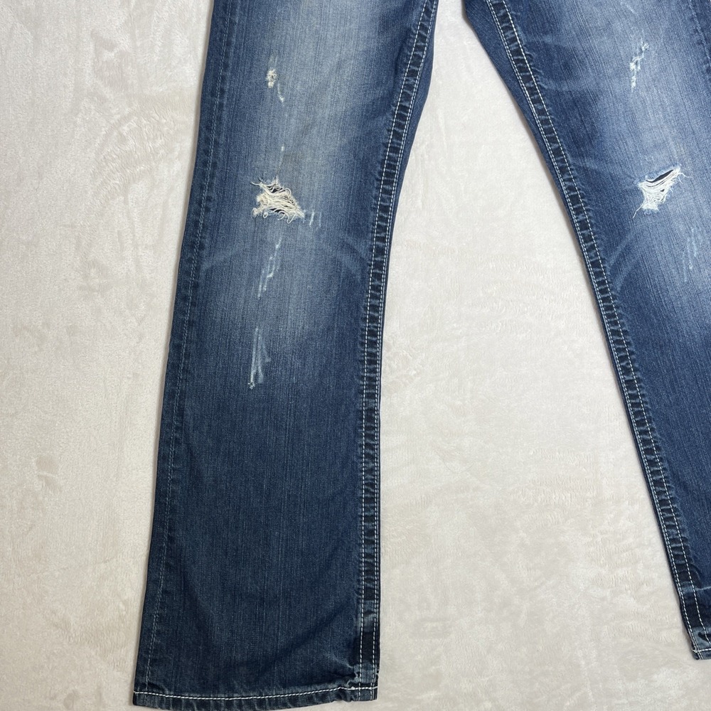 BKE Buckle Justin Mens 28x31 1/2 Distressed Straight Thick Stitch Jeans Jake EUC - Picture 7 of 16